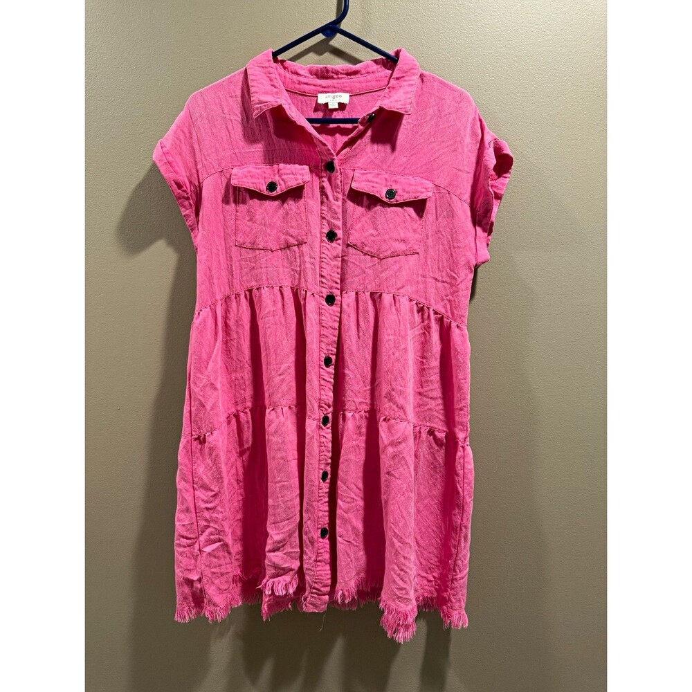 Umgee Women's Burnout Pink Shirt Dress S Button Front Collared Pockets Raw Hem
